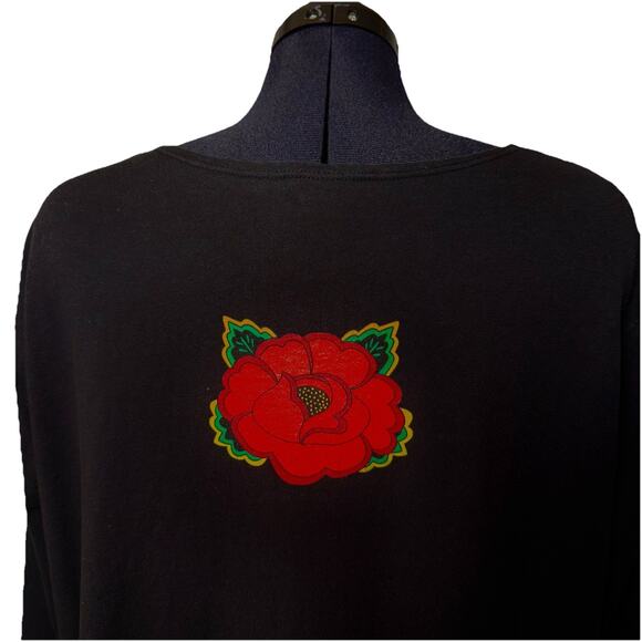 NWOT Sabaku Artwear Womens 1X Black 3/4 Sleeve FLOWER Shirt Huipil Southwest Art - Picture 5 of 10